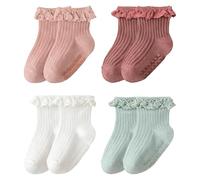 SUpoetry 4 Paar Baby-Socken, Babysocken 0-6 Monate, Rutschfeste Rüschen-Socken für Mädchen, Bequem und Atmungsaktive Baby-Söckchen - Perfekt für die Taufe, den Alltag oder als Geschenk