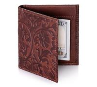 SURAZO Leder Geldbörse Herren & Damen - Handgefertigter Portemonnaie mit Blumenprägung - Slim Wallet mit Geldklammer, 4 Kartenfächern und Münzfach - Echtleder Vintage Brieftasche Braun - Ideales Gesch