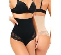 SURE YOU LIKE Shapewear Damen Bauchweg Unterhose Tanga mit Spitzen Miederhose Miederslip für Unterbauch Body Shaper String Figurformende Unterwäsche, Schwarz/Beige, S
