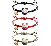 Sureio 3 Stück Katze Maneki Neko Armband Niedliche Glückskatze Keramik Perlen Armband Glück Japanische Glücksschnur Handkette mit Glocke, Verstellbar, One Size, Legierung, Keramik, Baumwollfaden