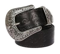 Surrycee 105-150 cm extra langer Westerngürtel, Damen- und Herrengürtel aus echtem Leder mit großer Vintage-Schnalle, Cowgirl-Cowboy-Gürtel mit Blumenprägung, 35 mm breit,Schwarz,115cm/waist:38"~40"