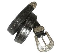 Surrycee Extra lange (105-150 cm) Westerngürtel für Damen und Herren, Cowboy, Cowgirl, Blumengravur, Echtleder-Gürtelband, Vintage-geprägte Schnalle, 35 mm breit,Schwarz,140cm/waist:48"~50"