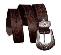 Surrycee Extra langer Western-Gürtel (105-150 cm) aus echtem Leder für Herren/Damen - Cowboy-Cowgirl-Gürtel mit Blumenprägung und großer Vintage-Schnalle - 35 mm breit,Kaffee,150cm/waist:52"~54"