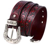 Surrycee Männer Frauen Echtes Leder-Extra Langer(105-150CM) Gürtel Vintage Westerngürtel Blumengeprägter Gürtel Cowboy Cowgirl Gürtel für Jeans Hosen Kleider, 35mm breit,Kaffee,150cm/waist:52"~54"