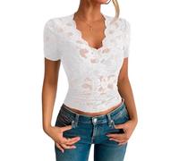 Surwin Mesh Oberteile Damen Glitzer, Y2K Spitzen Mesh Oberteile Kurzarm Damen Transparentes Netzoberteil Sommer Durchsichtiges Top Shirt Elegant Durchsehen Bluse Party (Weiß,XL)