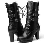 Susanny High Heel Stiefel für Damen, Plateau-Stiefelabsätze, sexy runde Zehenpartie, Schnürung, hohe Absätze, wadenhohe Stiefel, Schwarz-m, 40 EU