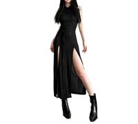 SUSHRUTA Goth Dark Cyber Gothic Desert Walker Kapuzenkleider Y2k Punk Grunge Hollow Out Midi Kleid Frauen Sexy Split Side,Schwarz,S