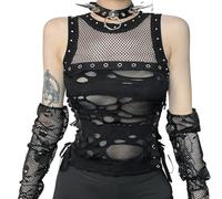 SUSHRUTA Goth Hollow Out Mesh Tank Tops Y2K Vintage Sexy Eyelet Lace-up Sleeveless Corset Crop Top Women Basic Tops Streetwear,Black,L