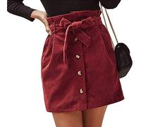 Susupeng Paperbag-Minirock für Damen, hohe Taille, elastischer Gürtel, Cord-Knopf vorne, mit Taschen, kurzer Minirock, Weinrot, Groß