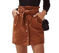 Susupeng Paperbag-Minirock für Damen, hohe Taille, elastischer Gürtel, Cord-Knopf vorne, mit Taschen, kurzer Minirock, Braun, Mittel