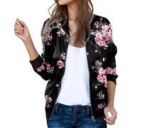 sutelang lurryly Bomberjacke Damen,Leichte Jacke Damen Kurze Blouson Mit Reißverschluss Langarm College Jacke Elegante Blumenmuster Casual Dünne Bomber Jacke Kurz Coat Herbst Frühling Sommerjacke