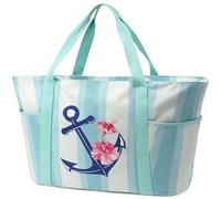 Suweir Strandtasche XXL mit Reißverschluss Canvas Badetasche Groß mit Nassfach Schwimmtasche Damen Beach Bag faltbare Saunatasche Wellnesstag Schwimmbad Anker Stickerei für Strand Maritim 50L