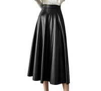 Suwequest A-Linie schwarze Lederröcke, hohe Taille, Reißverschluss, Hosenschlitz, PU-Röcke, Faltenrock, Midi-Rock, Schwarz , 48
