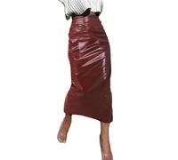 Suwequest Damen-Midiröcke aus PU-Leder, hohe Taille, lang, plissiert, schmale Röcke, A-Wine Red, XXXXL