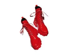 Suwequest Damenstiefel, Lackleder, Plateauschuhe, knöchelhoch, modisch, für Herbst und Winter, warme Plateau-Stiefel, rot, kurz, Plüsch, Größe 39,5