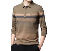 Suwequest Gestreifte Herren-Poloshirts aus Baumwolle, für Frühling und Herbst, langärmelig, Revers, Business, locker, lässiger Oberteil, 6875 Khaki9, L