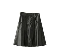 Suwequest Herbst A-Linie Midi PU Leder Röcke Hohe Taille Taschen Ausgestellt Knielang Schwarz Kunstleder Röcke, Schwarz , 48