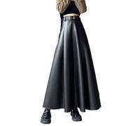 Suwequest Knöchellanger Kunstlederrock für Damen, Herbst, Winter, Gürtel, A-Linie, hohe Taille, lang, Maxi-Rock, PU-Rock für Damen, Schwarz , 48