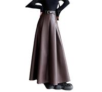 Suwequest Knöchellanger Kunstlederrock für Damen, Herbst, Winter, Gürtel, A-Linie, hohe Taille, lang, Maxi-Rock, PU-Rock für Damen, braun, 36