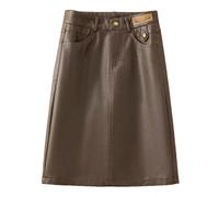 Suwequest Lederrock für Frühling, Herbst, Winter, Damen, schwarz, braun, hohe Taille, PU, A-Linie, große Größe, Midi-Röcke, Braun 2, 44