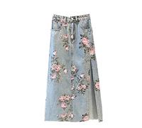 Suwequest Sommerrock mit Blumenmuster, Seitenschlitz, A-Linie, Jeansröcke, hohe Taille, Tasche, Knopfrock, lässig, Streetwear, Midi-Jeansröcke, Fotofarbe, 48