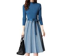 Suwequest Strickpullover Plissee Kleid für Frauen Langarm A-Linie Winterkleider Büro Dame Casual Midi, blau, XXX-Large