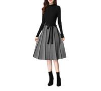 Suwequest Strickpullover Plissee Kleid für Frauen Langarm A-Linie Winterkleider Büro Dame Casual Midi, Schwarz , L