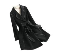 Suwequest Vintage Lace-Up Wollmantel Mid-Long Wolljacke Slim Damen Frühling Herbst Winter Kaschmir Mantel, Schwarz , 50