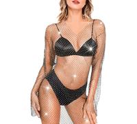 SUWIWKKOA Fischnetz Strasssteine Cover Up - Aushöhlen Sparkle Club Wear Pailletten Netzoberteil Glänzende Strasssteine Kleid Fischnetz Ausschnitt, M-Code