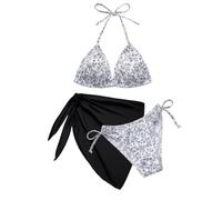 Svanco Cute Bikini Damen Set 3 Teilig mit Blumenmuster - Triangle Neckholder Oberteil, Unterteil Seitlicher Schnürung und Wrap Rock