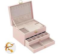 SVUPUE Schmuckaufbewahrung 3 Ebenen, Stapelbar Schmuckaufbewahrung,Aufbewahrungskasten Mit Schloss, mit Schlüssel und Fächern,2 Schubladen, für Ringe Ohrringe Halsketten Armbänder (Rosa)