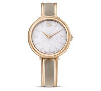 Swarovski Crystalline Lustre Lederarmband, Swiss Made, Edelstahl, gewölbtes Saphirglas, 33 mm, 3.460 blaue Kristalle, Rotgoldfarbenes Metallband