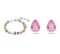 Swarovski Gema Armband, Rhodiniertes Damenarmband mit Bunten und Strahlenden Kristallen & Gema Ohrstecker, Rhodinierte Ohrringe mit Rosafarbenen Kristallen