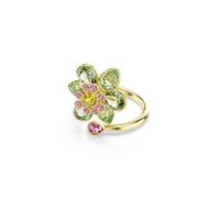 Swarovski Idyllia Offener Ring, Grüner, Vergoldeter Ring mit Blumen-Motiv, Verschiedenen Formen und Schattierungen sowie Kristallen in Grün, Pink und Gelb, Größe: 60