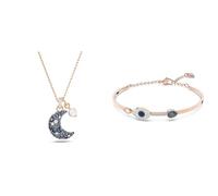 Swarovski Luna Halskette, Mehrfarbige, Rosé Vergoldete Damenhalskette mit Mondanhänger und Strahlenden Kristallen & Symbolic Armreif, Böser Blick, Blau, Metallmix