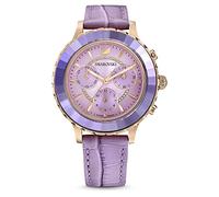 Swarovski Octea Lux Uhr Chrono, Edelstahl Damenuhr mit Lilafarbenem Gehäuse und Zifferblatt, Swarovski Kristallen und lilafarbenem Lederarmband