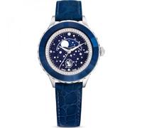 Swarovski Uhr Octea Moon, Schweizer Produktion, Mond, blaues Lederarmband, Edelstahl
