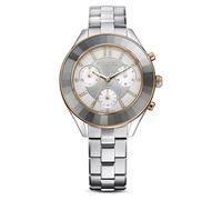 Swarovski Octea Lux Uhr Chrono, Edelstahl Damenuhr mit Vergoldetem Gehäuse und Zifferblatt, Kristallen und Braunem Lederarmband