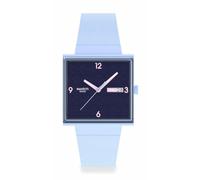 Swatch Quadratische Uhr mit Bioceramic, dunkelblaues Zifferblatt, hellblaues Armband, Datumsanzeige