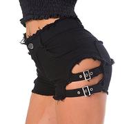 SWBREETY Damen High Waist Denim Shorts Sexy Gothic Punk Dance Shorts Metallschnalle Kurze Hosen, Schwarz-648, Klein