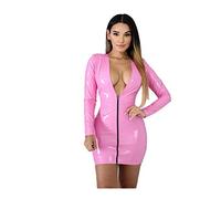 SWCEN PU-Lederkleider Für Frauen Mit Nassem Look, Kurzes Kleid Mit Tiefem V-Ausschnitt, Reißverschlüsse Kunst-PU-Lederkleid Kleid Mit Hoher Elastizität Für Clubkleidung,Rosa,M