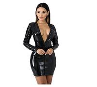 SWCEN PU-Lederkleider Für Frauen Mit Nassem Look, Kurzes Kleid Mit Tiefem V-Ausschnitt, Reißverschlüsse Kunst-PU-Lederkleid Kleid Mit Hoher Elastizität Für Clubkleidung,Schwarz,XL