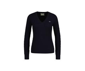 Sweater GANT "Strickpullover STRETCH COTTON CABLE V-NECK", Damen, Gr. M, blau, Obermaterial: 88% Baumwolle CO. 10% Polyamid PA. 2% Elasthan EL., Sweatshirts Sweater (83044343-M) blau