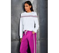 Sweater H.I.S, Damen, Gr. 36/38, weiß, Sweatware, Obermaterial: 77% Baumwolle, 20% Polyester, 3% Elasthan, unifarben mit Farbeinsatz, kontrastfarbene Details, Basic, Basic normal, Rundhals, Langarm br