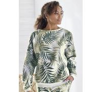 Sweater LASCANA, Damen, Gr. 40/42, grün (grün gemustert), Sweatware, Obermaterial: 60% Baumwolle, 40% Polyester, gemustert, lässig geschnitten normal, Rundhals, Rippbündchen, Sweatshirts Sweater, Loun