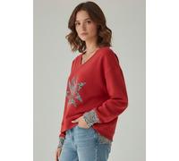 Sweater LAURA SCOTT, Damen, Gr. 40/42, rot, angeraute Sweatware, Obermaterial: 60% Baumwolle, 40% Polyester. Bündchen: 95% Baumwolle, 5% Elasthan, bedruckt, bequem hüftlang, V-Ausschnitt, Rippbündchen