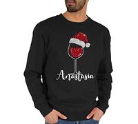 Sweater Pullover Sweatshirt Herren Damen - Weihnachten Geschenke Christmas - Weinglas mit Weihnachtsmütze in Glitzeroptik und Name - M - Schwarz - Weihnachts weihnacht Glitzer weihnachtliche