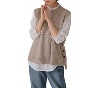 Sweater Pullunder,Damen Strickpullover Weste Casual Einfarbig Seitenschlitzknöpfe Spleißen Rundhalsausschnitt Herbst Winter Lose Ärmellose Pullover Gilets Pullover Stricken Tank Top Cami Weste Bl