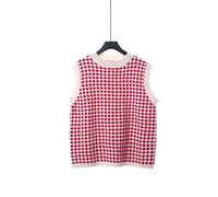Sweater Pullunder,Damen Strickpullover Weste Mode Süße Raute Plaid Kontrast Rundhalsausschnitt Herbst Winter Warm Locker Ärmellos Pullover Gilets Pullover Stricken Tank Top Cami Weste Bluse,Rot