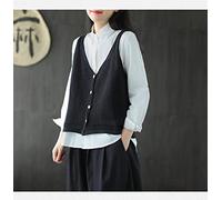 Sweater Pullunder,Damen Strickwesten Literarische Vintage Kurz Einfarbig Baumwolle V-Ausschnitt Herbst Lose Ärmellose Knöpfe Strickjacke Pullover Tank Top Cami Weste Bluse,Schwarz
